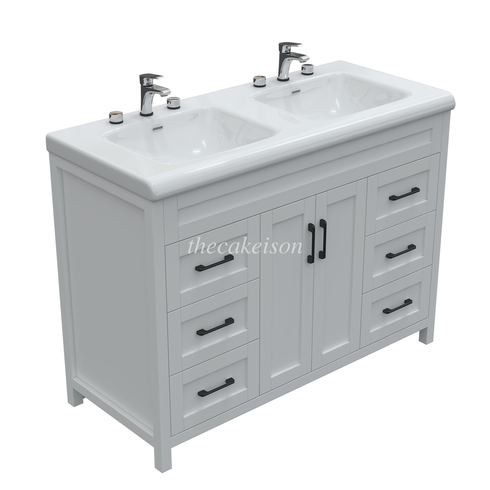 47.3″ Bathroom Vanity Cabinet White Freestanding Drawers + Double Sink Ceramic