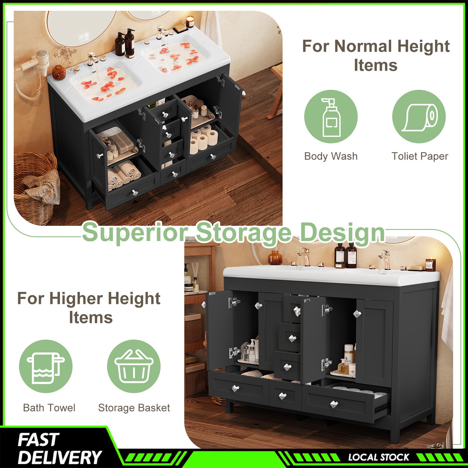 Modern 47 Inch Black Freestanding Bathroom Vanity Double Ceramic Sinks 5 Drawers