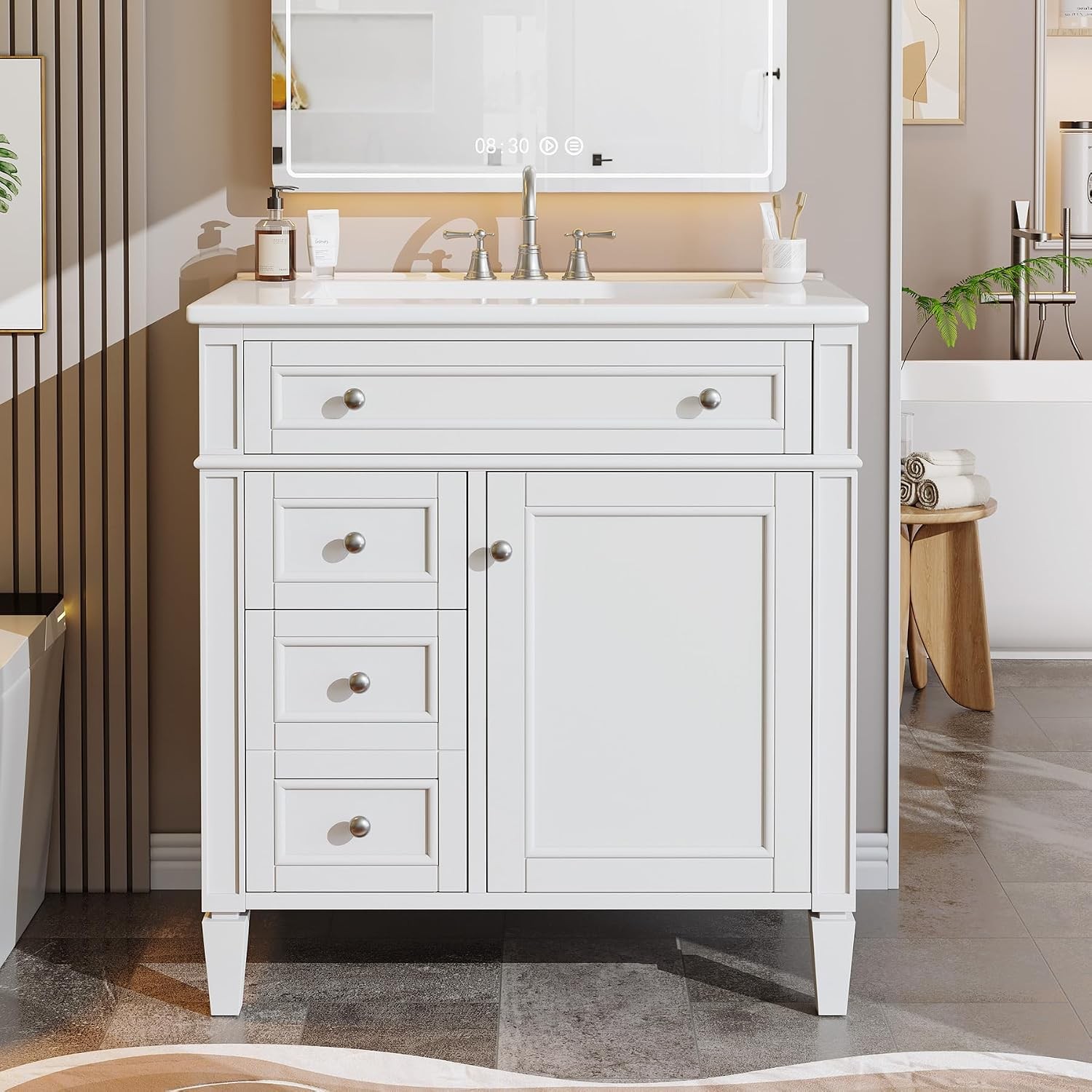 30″ Bathroom Vanity w/Ceramic Sink, 3 Drawers, Freestanding Bath Vanity Cabinet