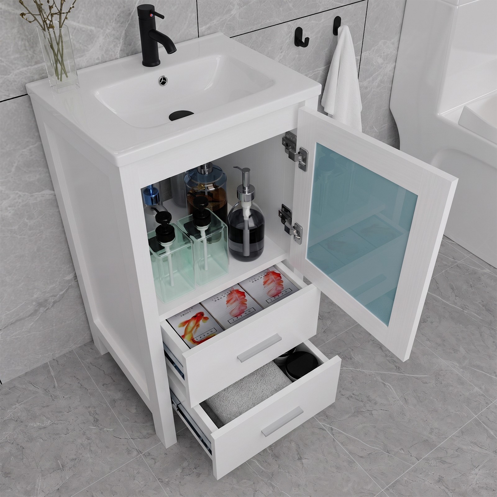 16 IN Bathroom Vanity w/Sink Floating Cabinet Ceramic Sink Combo for Small Room