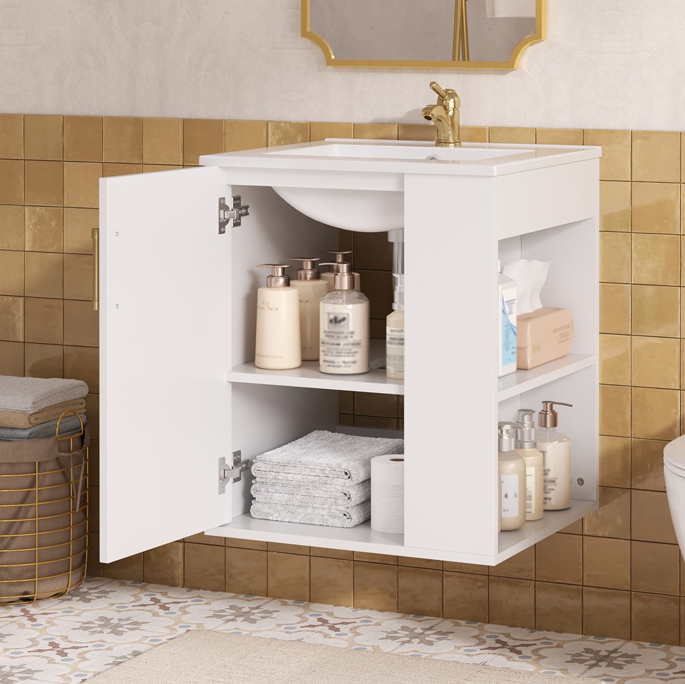 20″ Wall Mounted Bathroom Vanity w/Sink, Floating Vanity Door Cabinet, Shelves
