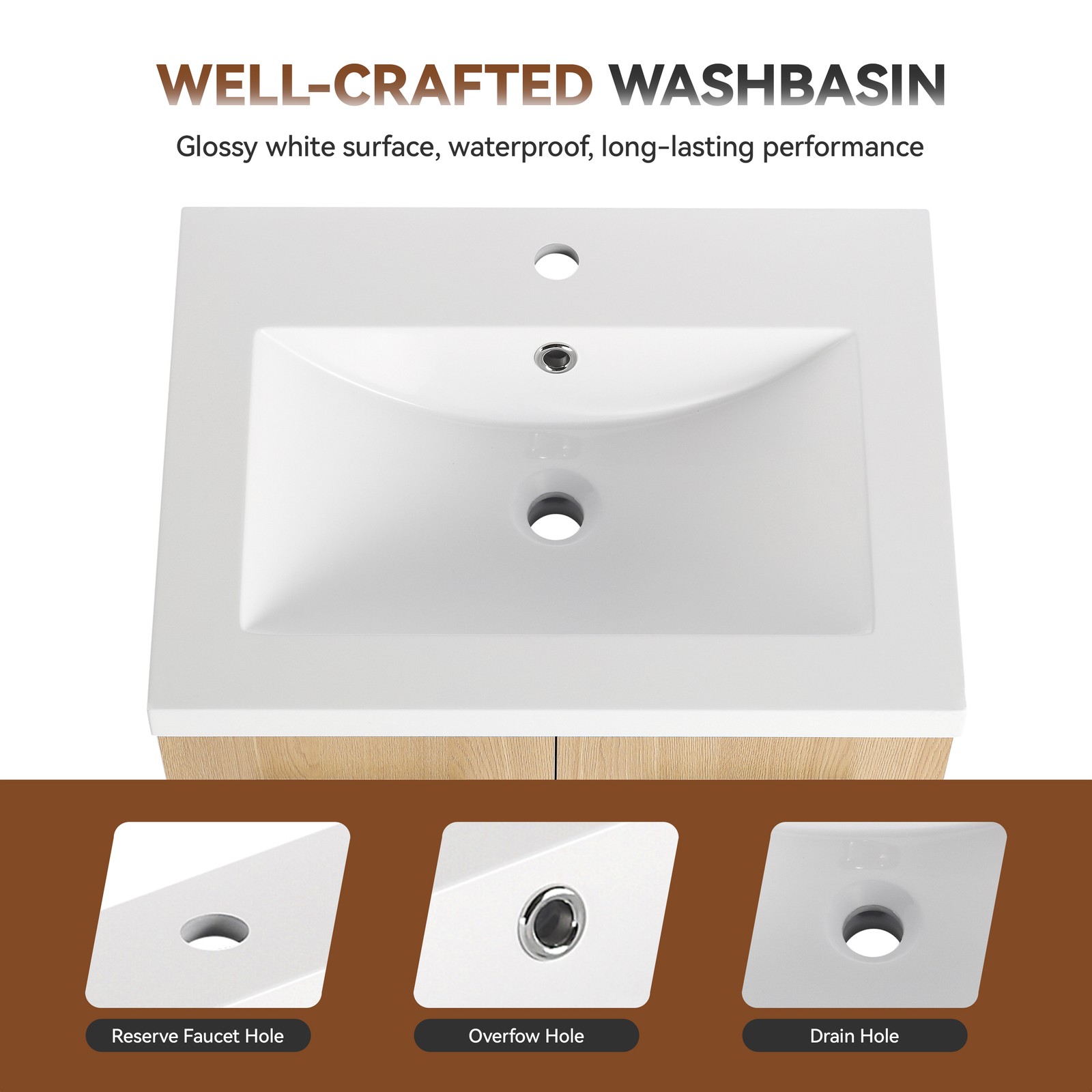 24″ Freestanding Bathroom Vanity with Resin Sink, Light Oak