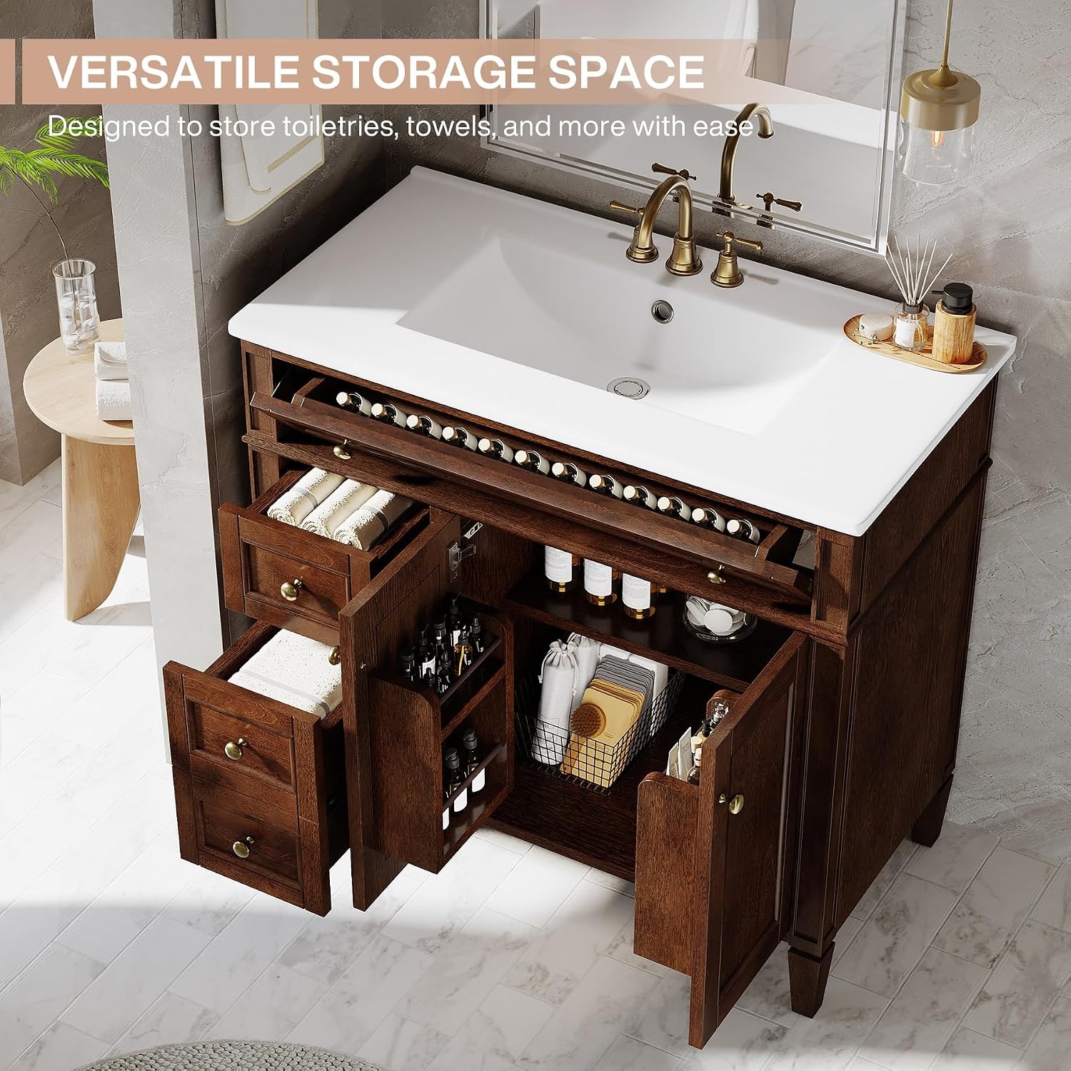 36″ Bathroom Vanity with Sink Wood Vanity Cabinet with Flip-Out Drawer 3 Drawers
