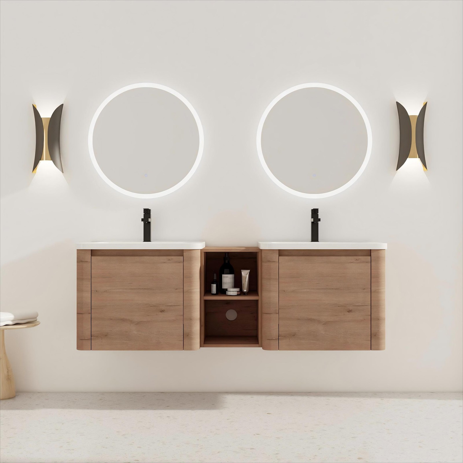 60in Wall-Mounted Bathroom Vanity W/ Double White Ceramic Sink Storage Shelves