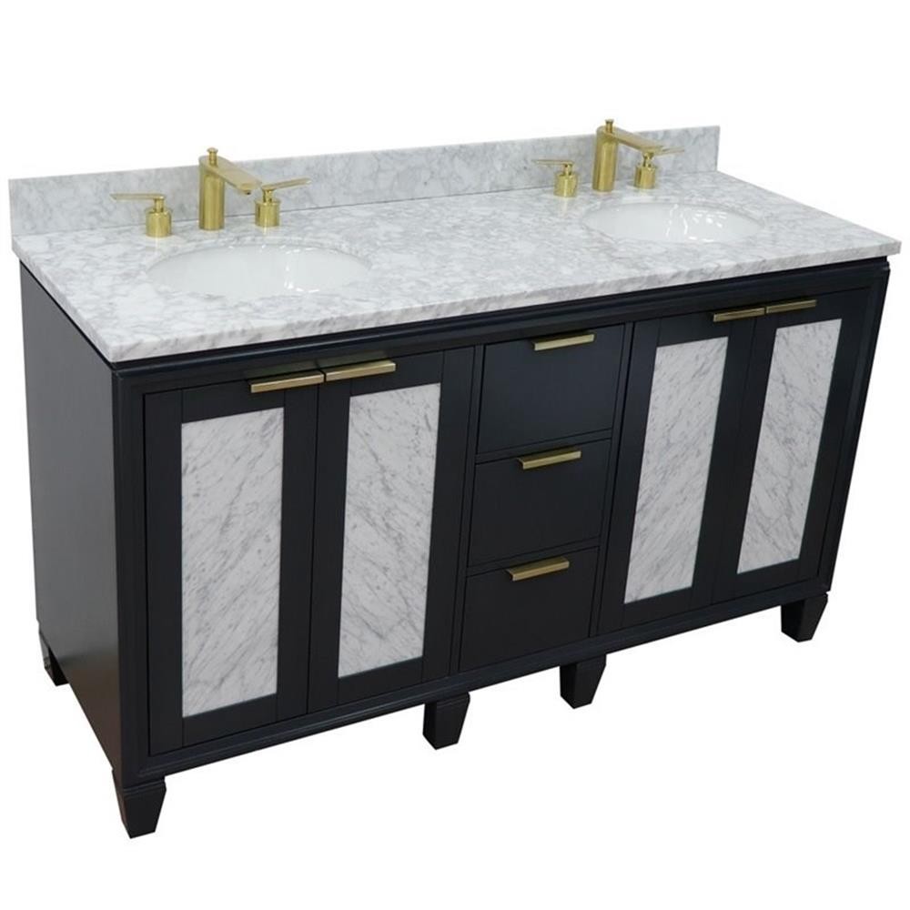 Pemberly Row 61″ Solid Wood Double Oval Sink Vanity in Dark Gray/White Carrara