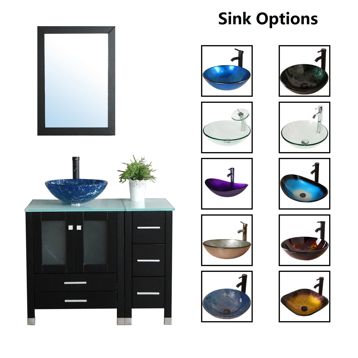 36″ Bathroom Vanity Cabinet & Tempered Glass Vessel Sink Bowl Faucet Drain Combo