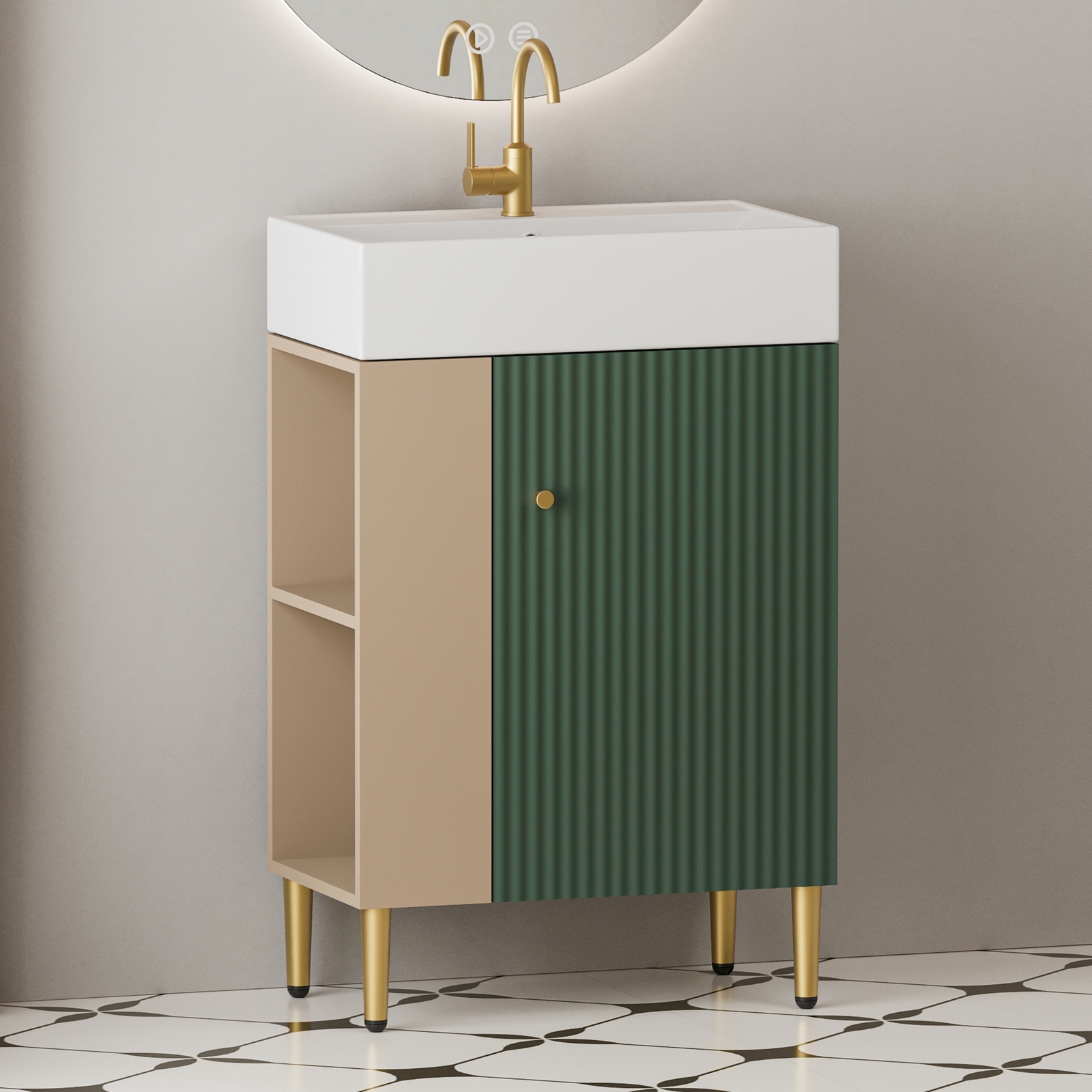 21.6″Modern Bathroom Vanity with Ceramic Sink Storage Cabinet W/ Door Open Shelf