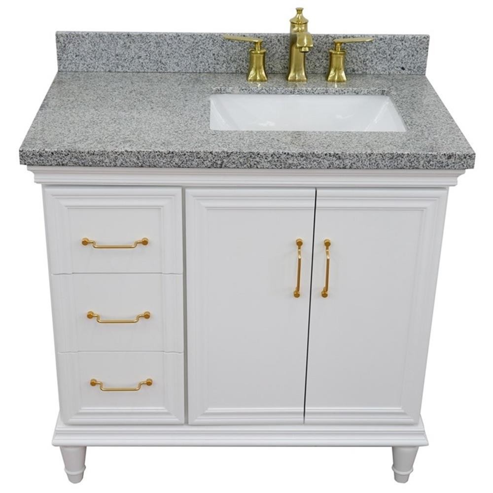 37 in. Single Wooden Vanity White Gray Granite Rectangle Right Door.Right Sink