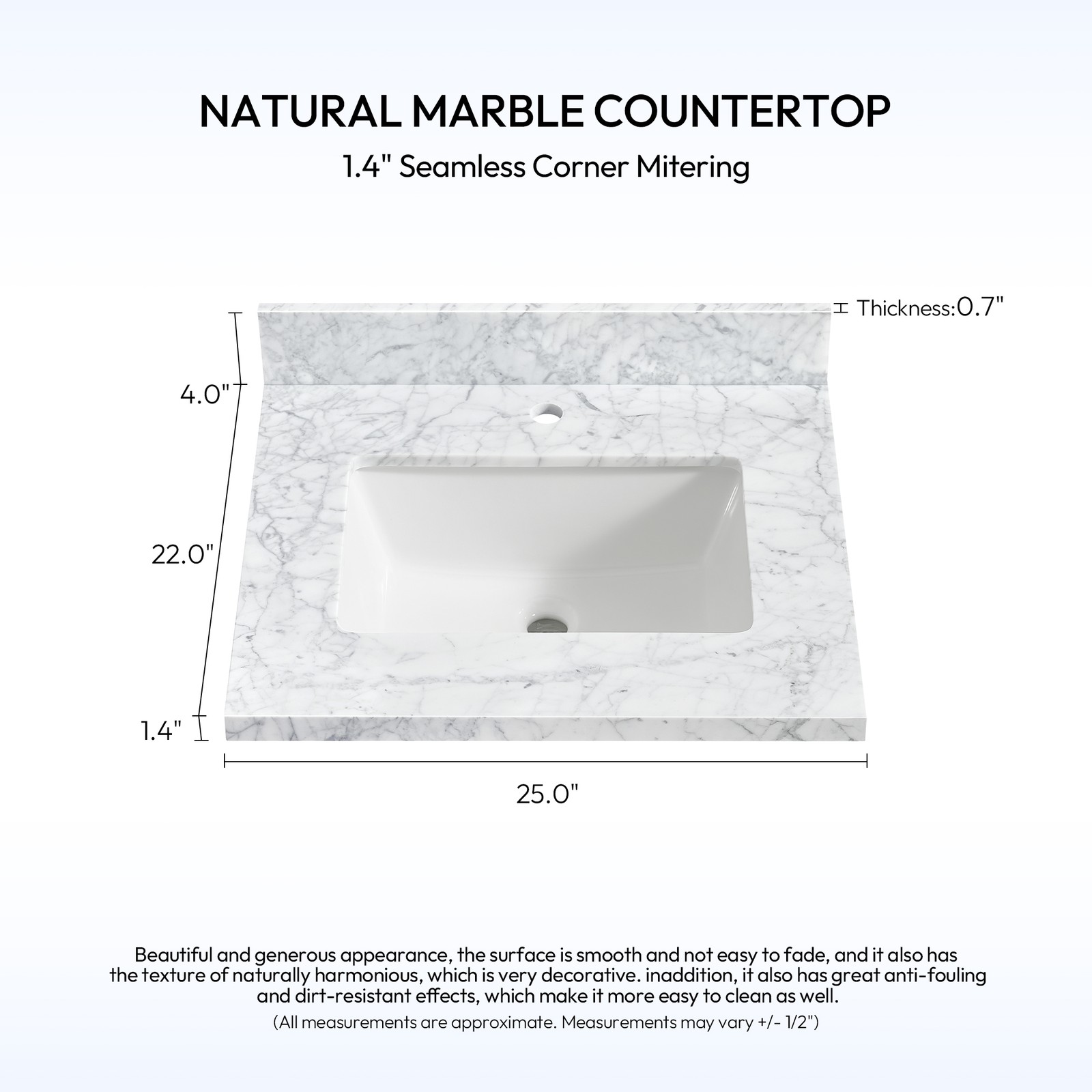 Zevio 25″W x 22″D Natural Marble Vanity Top in Carrara White with Ceramic Sink