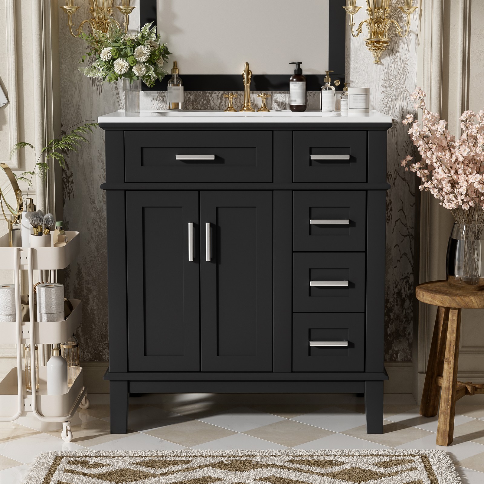 30″ Bathroom Vanity with Ceramic Sink, Soft-Close Doors & Drawers