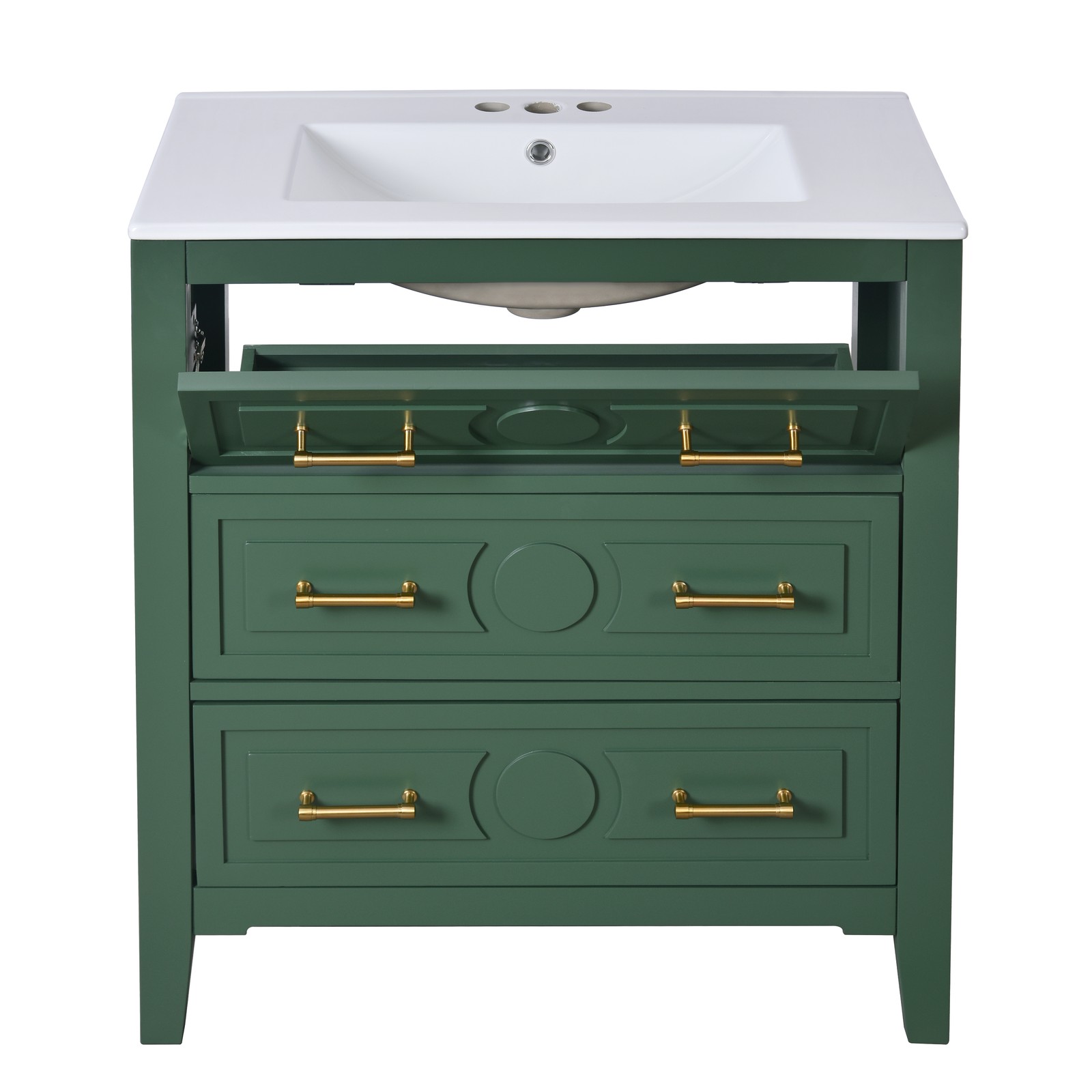 30″ Green Bathroom Vanity with Ceramic Sink, 3 Drawers, Solid Wood