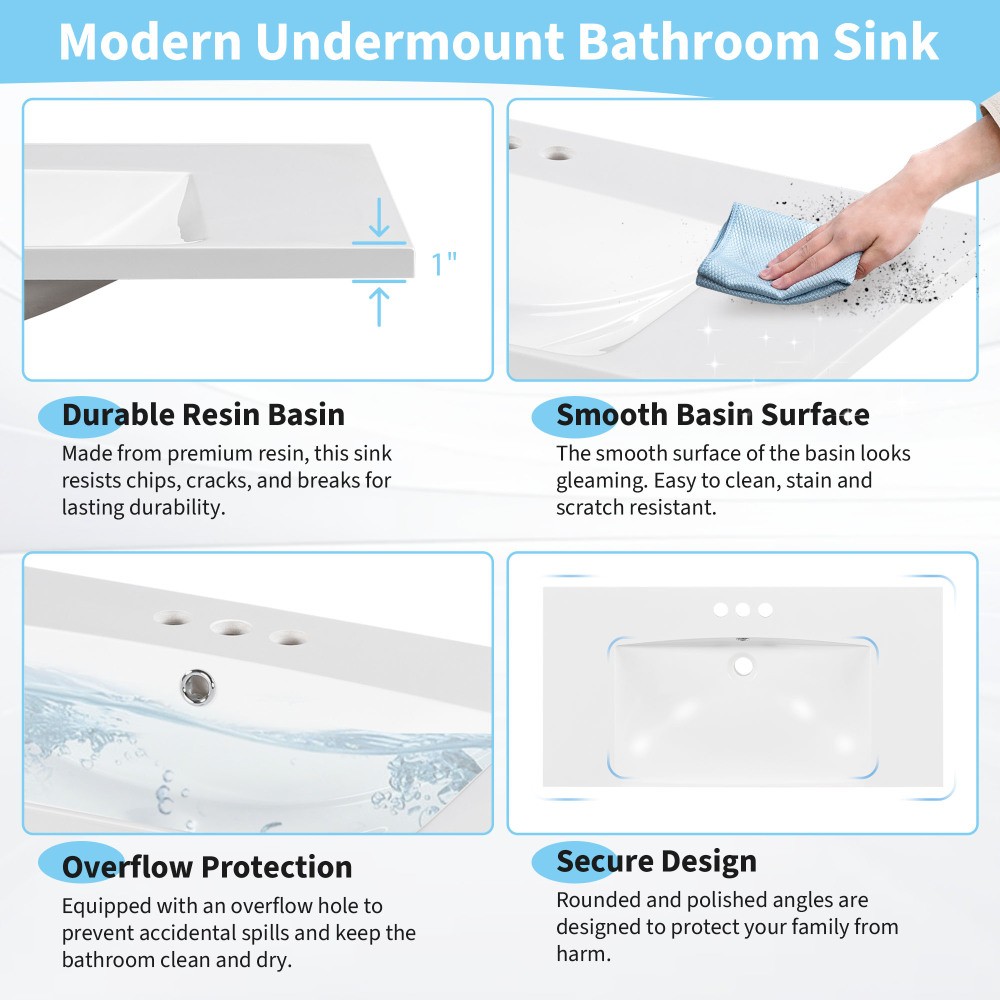 36×18″ Rectangular 3 Hole Bathroom Resin Sink, Vanity Top Sink Only