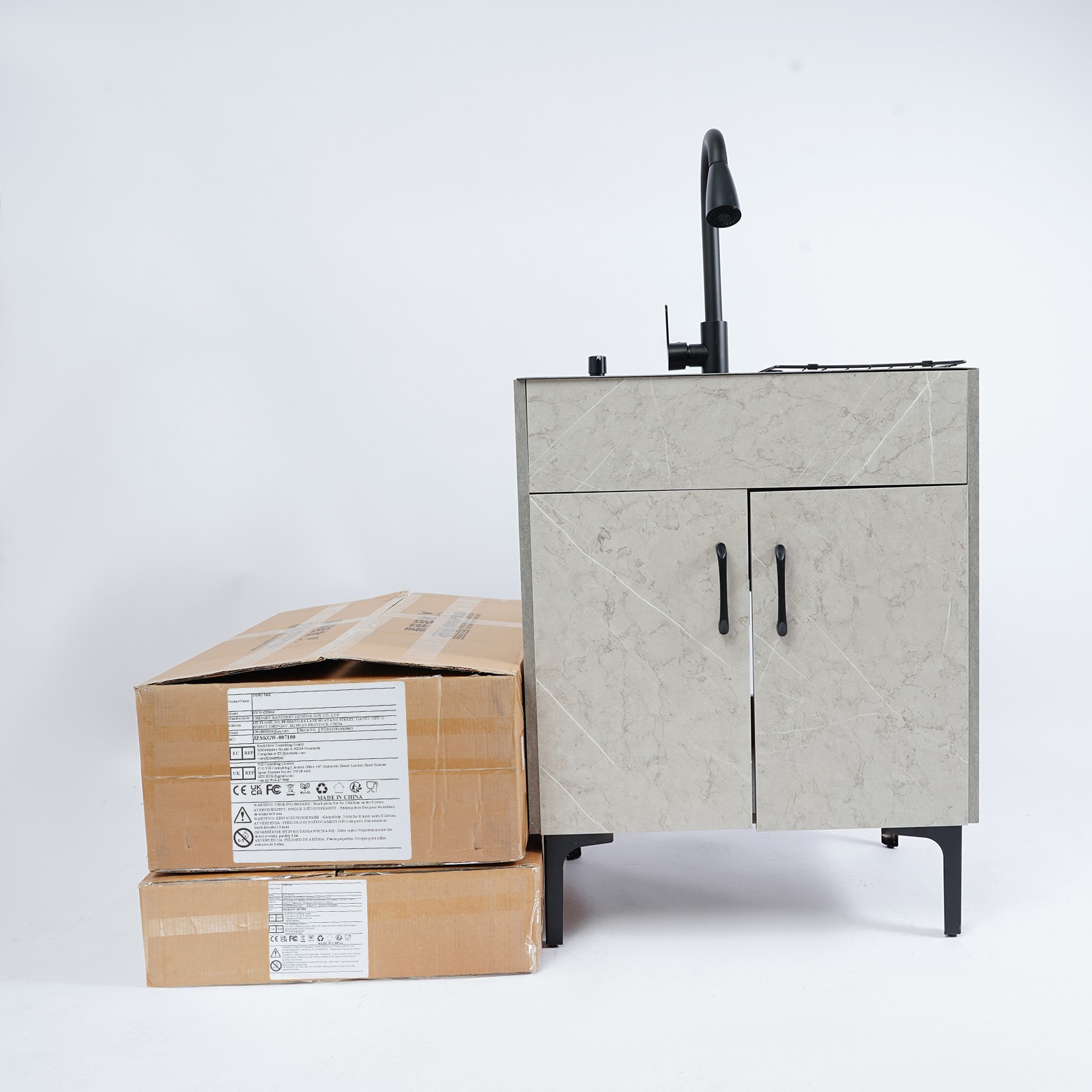 Grey Stainless Steel Sink & Freestanding Cabinet With Pull-Out Faucet