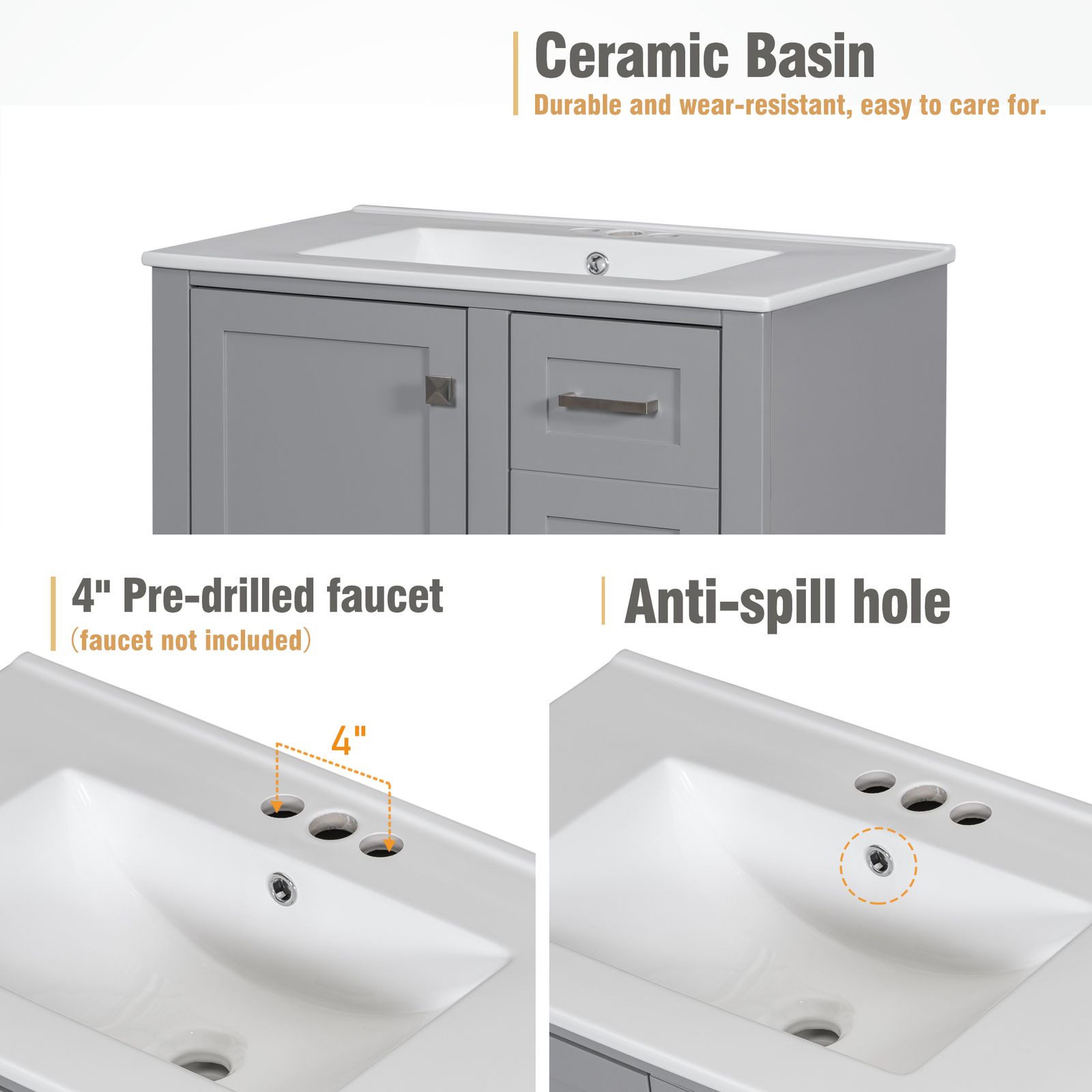 30″ Solid Wood Bathroom Vanity Cabinet with Resin Sink Top, 1 Door and 3 Drawers