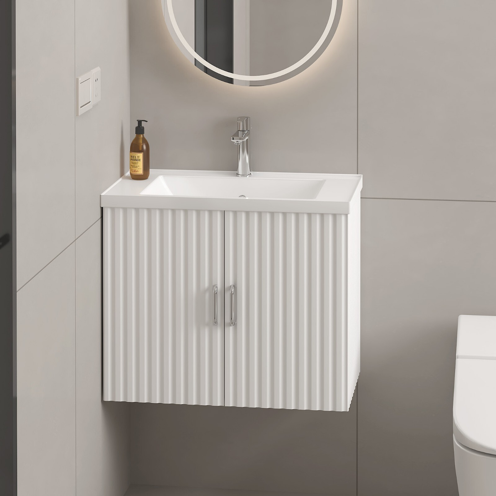 24″ Floating Wall Mounted Bathroom Vanity with White Porcelain Sink and Soft