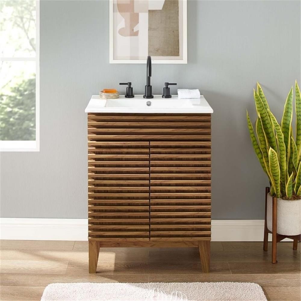 Maklaine Contemporary Wood Bathroom Vanity in Walnut and White