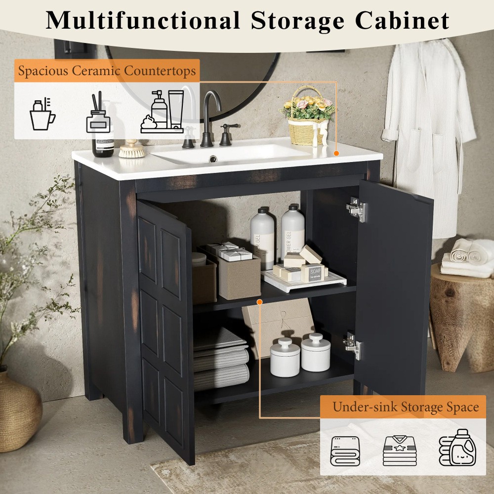 36″ Vintage Bathroom Vanity w/Ceramic Sink,Solid Wood Frame,Soft Close Doors