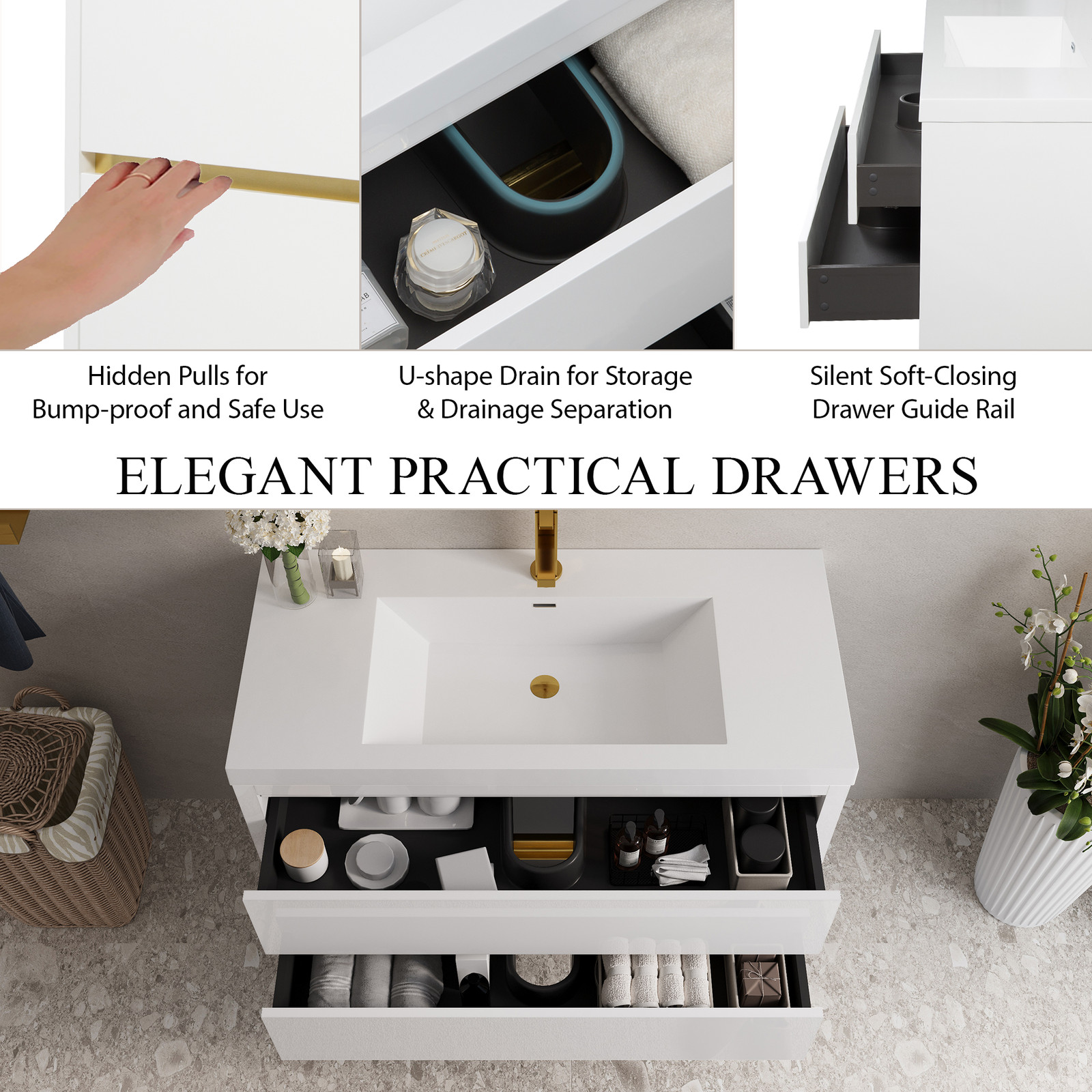 42in Floating Wall-Mounted Bathroom Vanity W/ Stone Resin Countertop Basin White