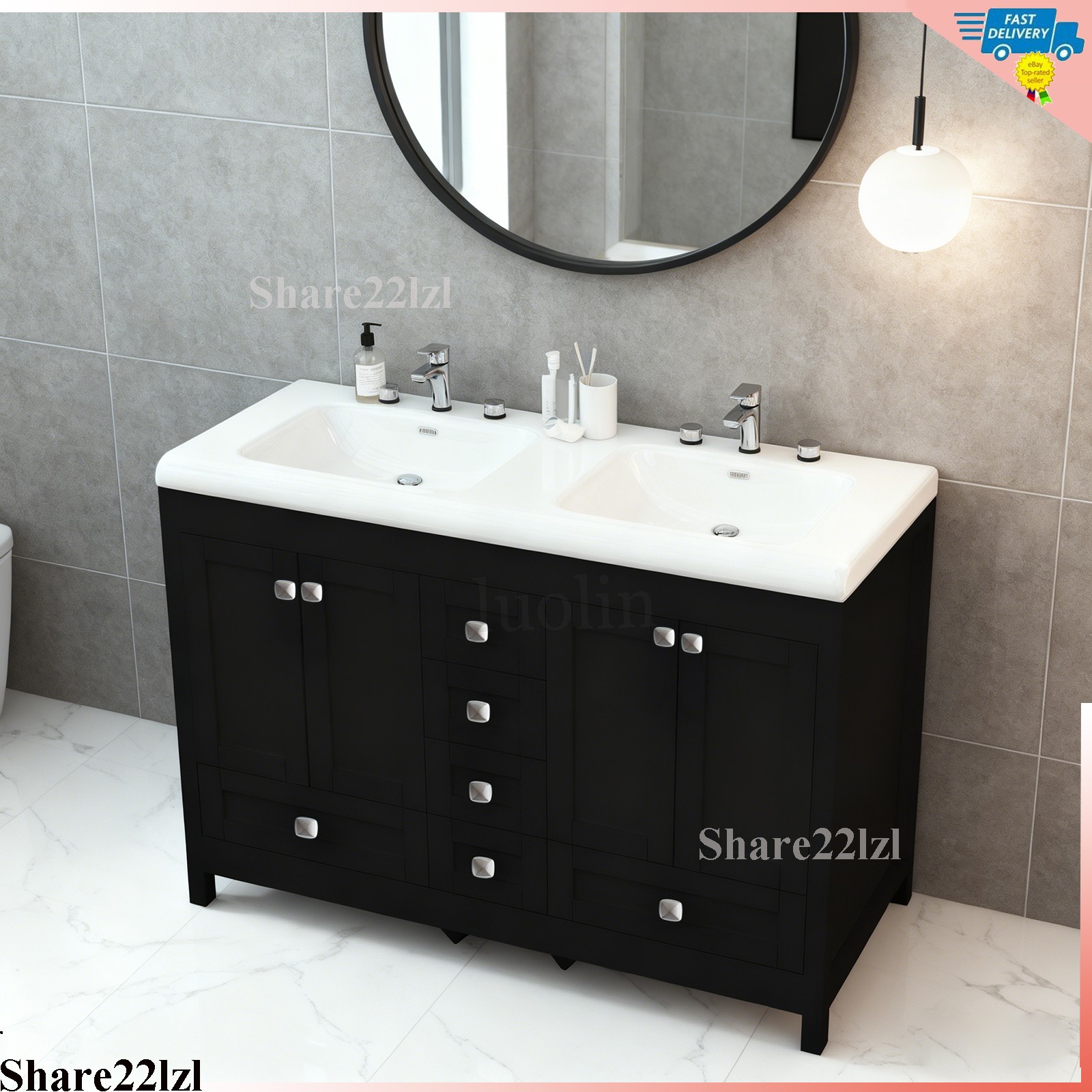 47″ Bathroom Vanity Set with Double Ceramic Sinks Freestanding Storage Cabinet