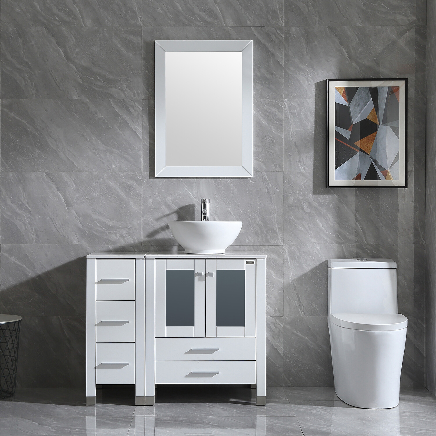 36″ Bathroom Vanity Cabinet Ceramic Vessel Sink Stone Top w/Mirror & Drain Combo