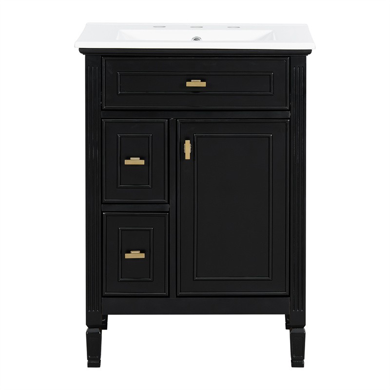 24-In Modern Bathroom Vanity with Ceramic Sink,Black Wood Cabinet with 3 Drawers