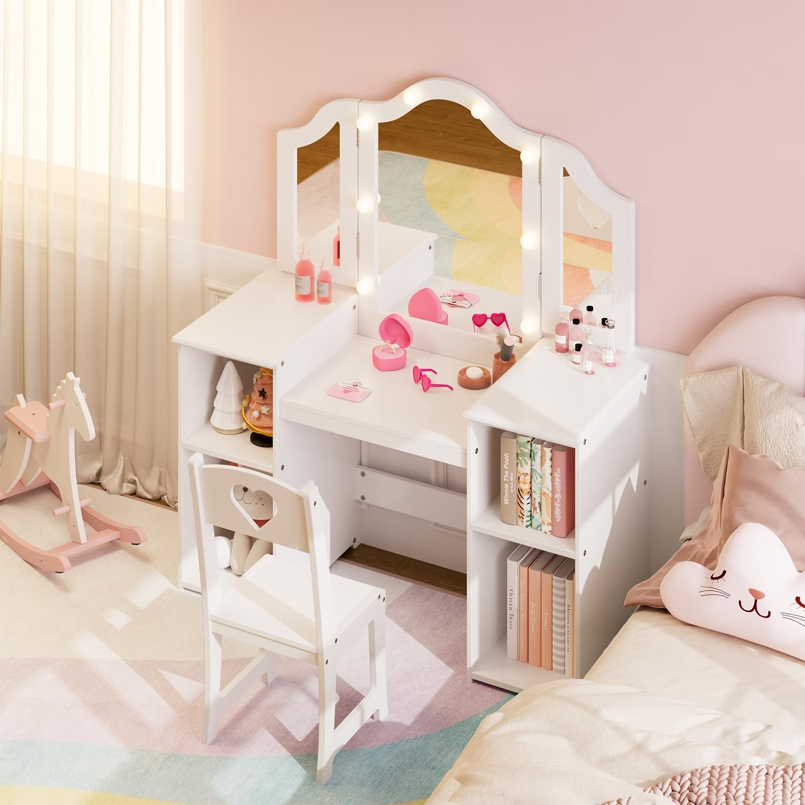 2-in-1 Kids Vanity Table with Tri-Fold Lighted Mirror Chair Storage
