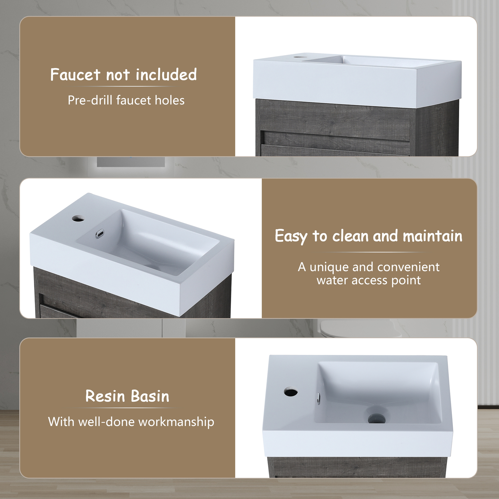 18in Wall Mounted Floating Bathroom Vanity Cabinet W/Resin Sink Small Space Gray