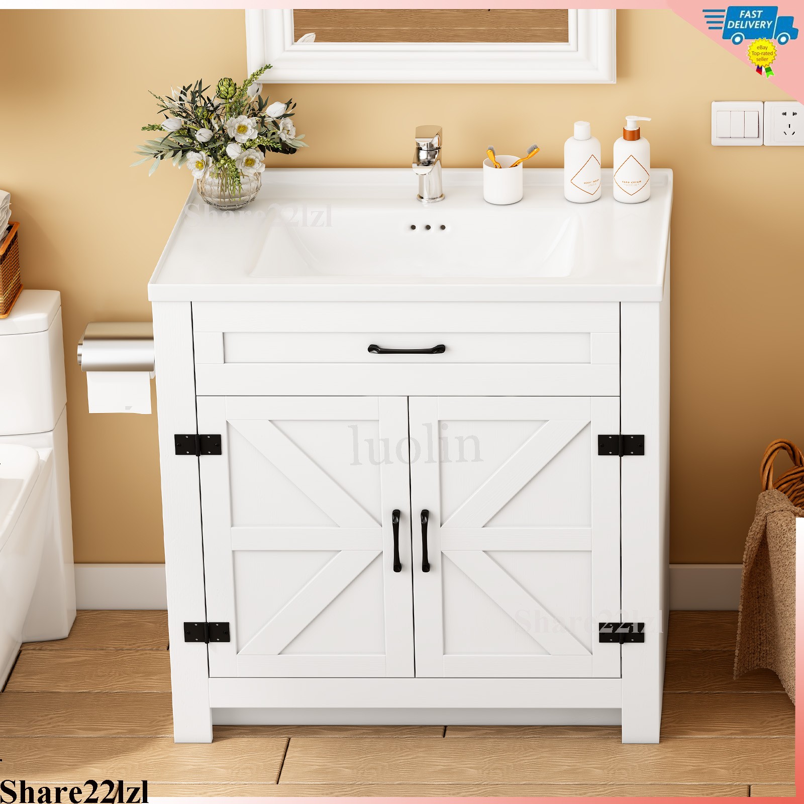 31″ Ceramic Sink Storage Bathroom Vanity with 2 Doors Bathroom Cabinet Space
