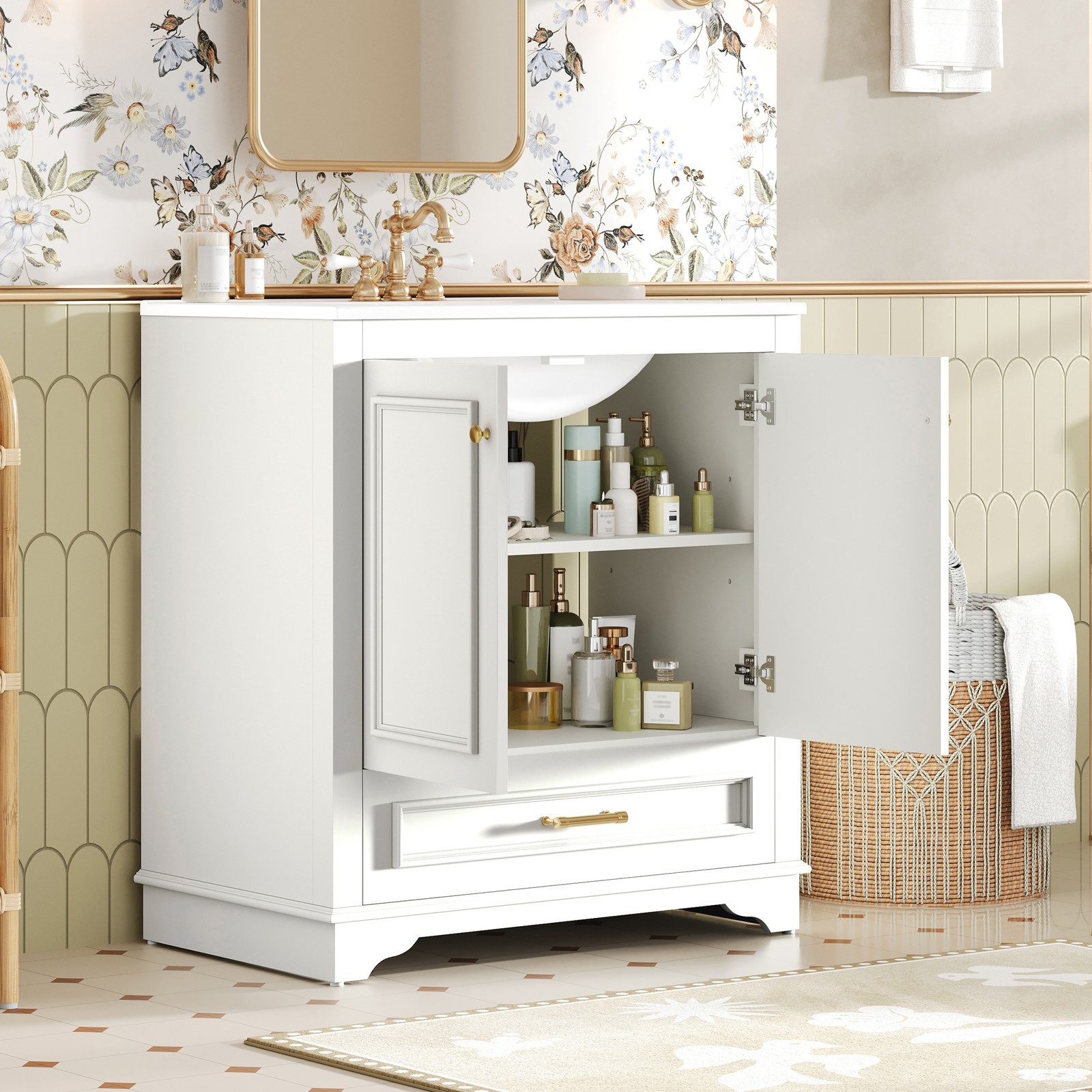 30″ Bathroom Vanity with Ceramic Sink & 2 Soft Closing Doors