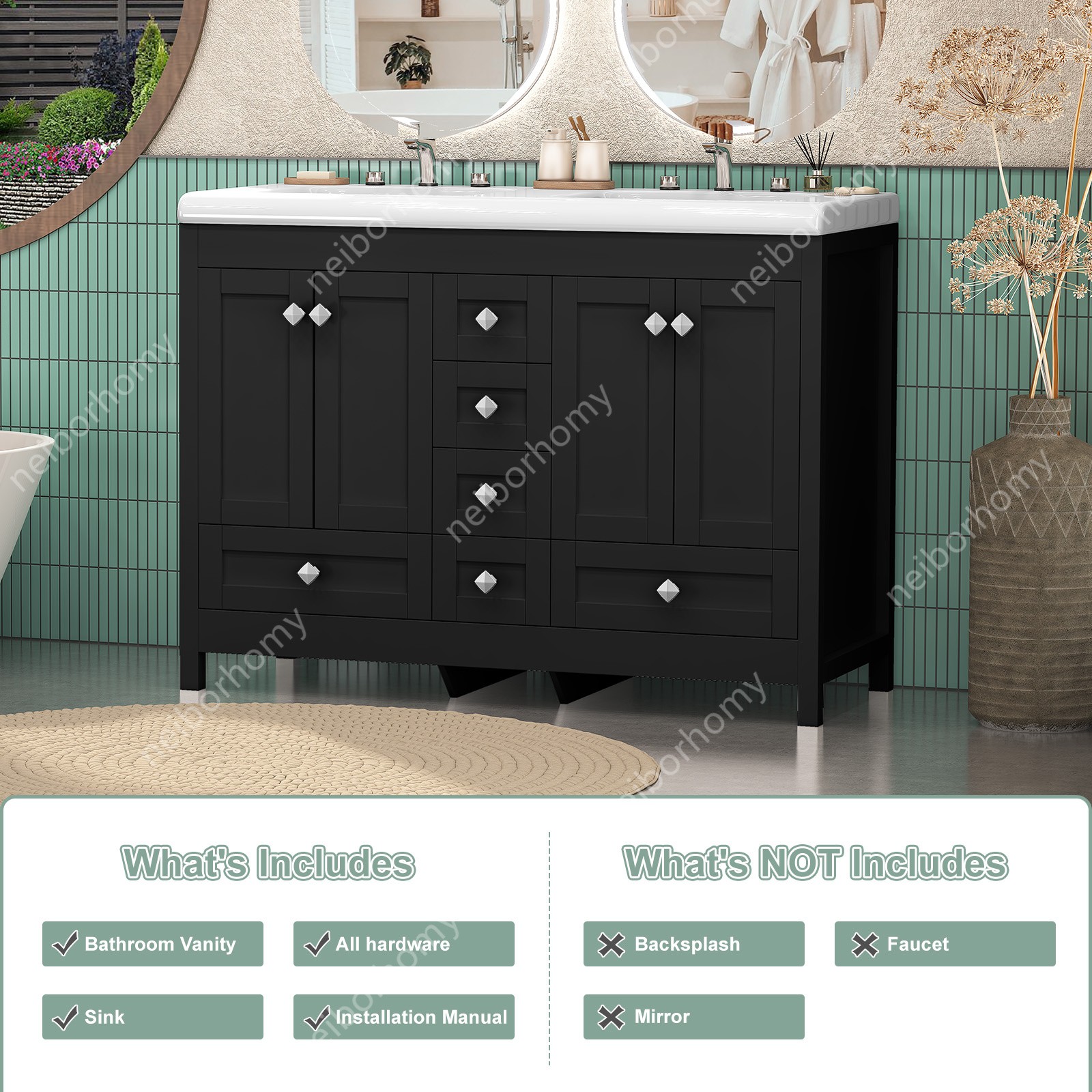 47″ Bathroom Vanity Cabinet with Double Sink Ceramic and 5 Drawers Freestanding
