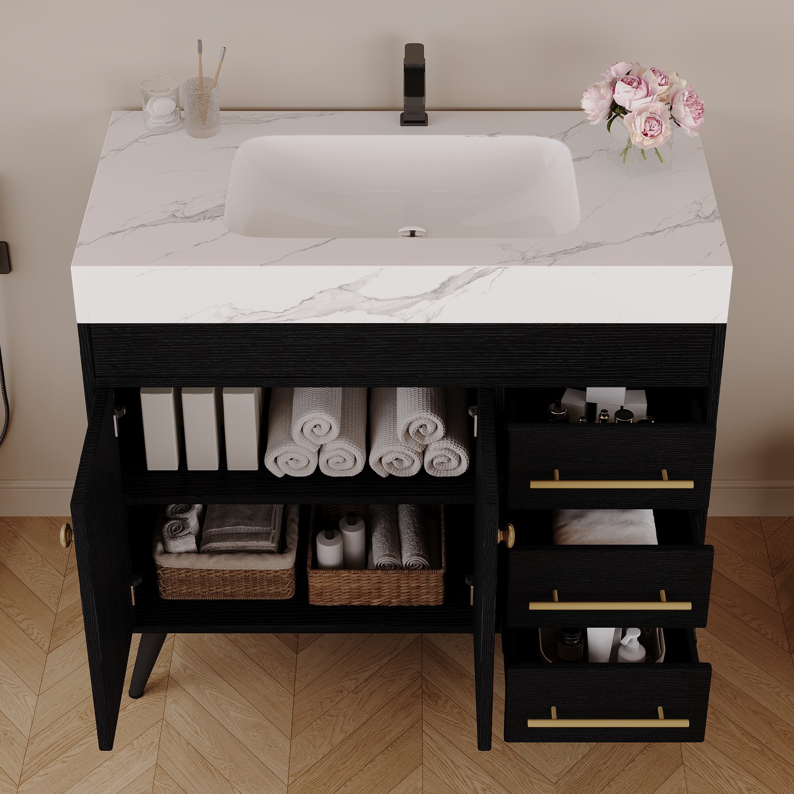 36″ Freestanding Bathroom Vanity with Ceramic Sink & Faux Marble Top