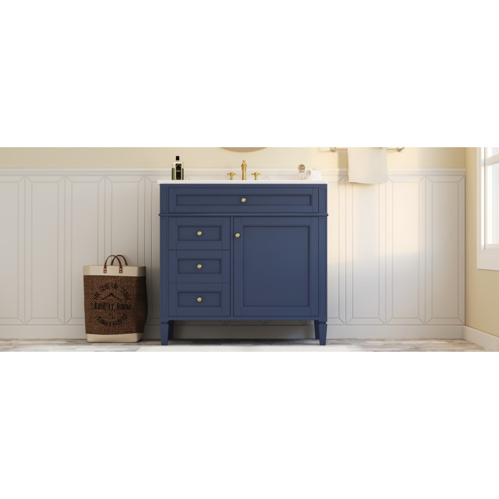 36 Inch Single Sink Bathroom Vanity Gloss Ceramic Top Storage Drawers