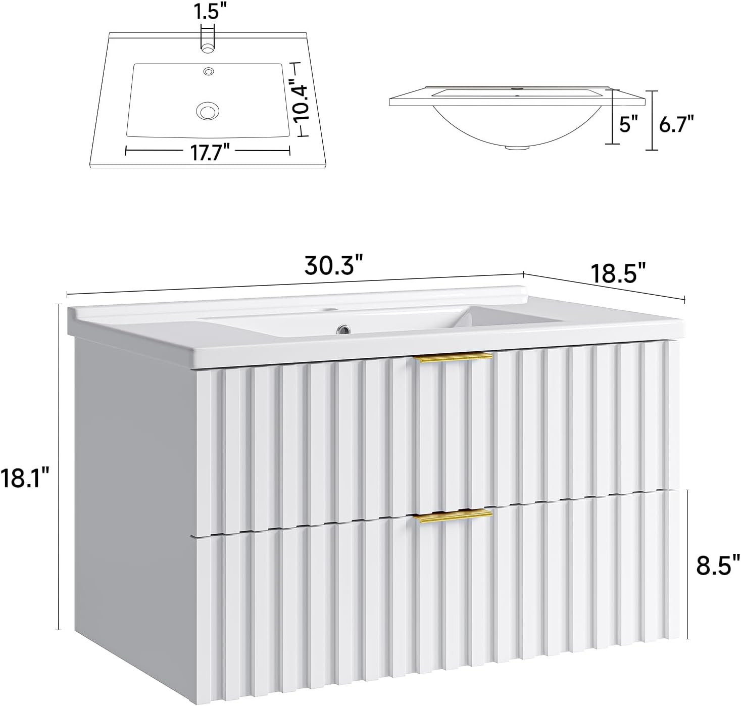 ONBRILL 30 Inch Bathroom Vanity with Sink Combo, Floating Bathroom Vanity with 2