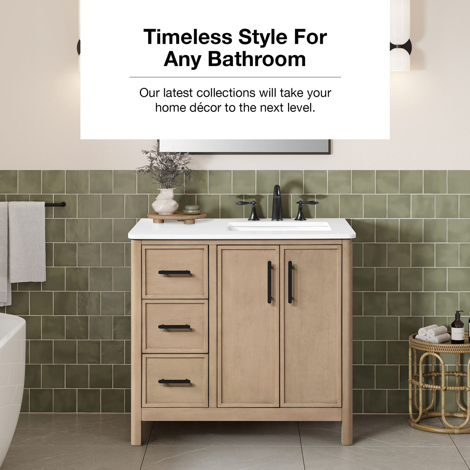 Solas 36″ Bathroom Vanity in Sahara Birch with White Countertop