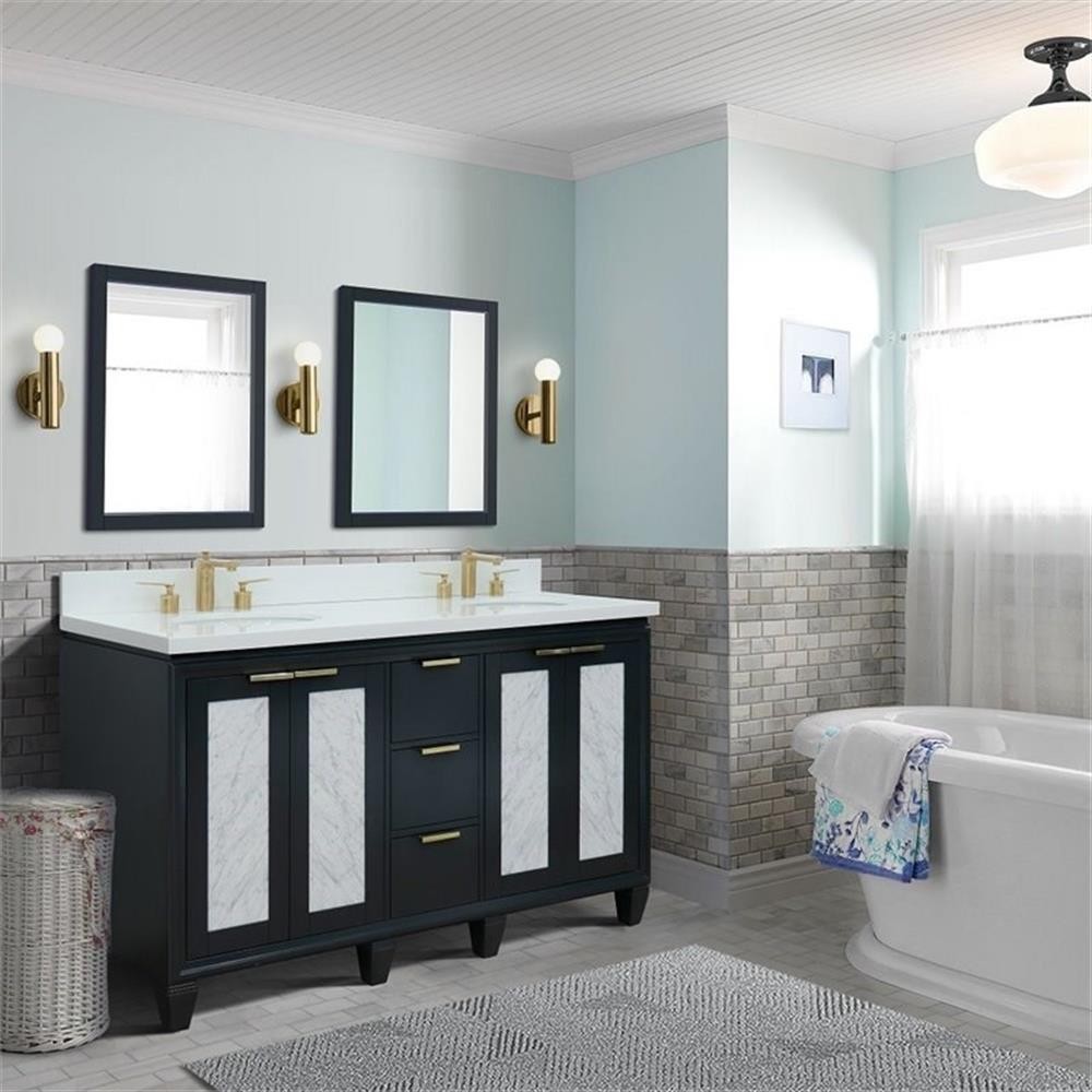 Trento 61″ Double Oval Sink Vanity in Dark Gray/White Quartz Stone