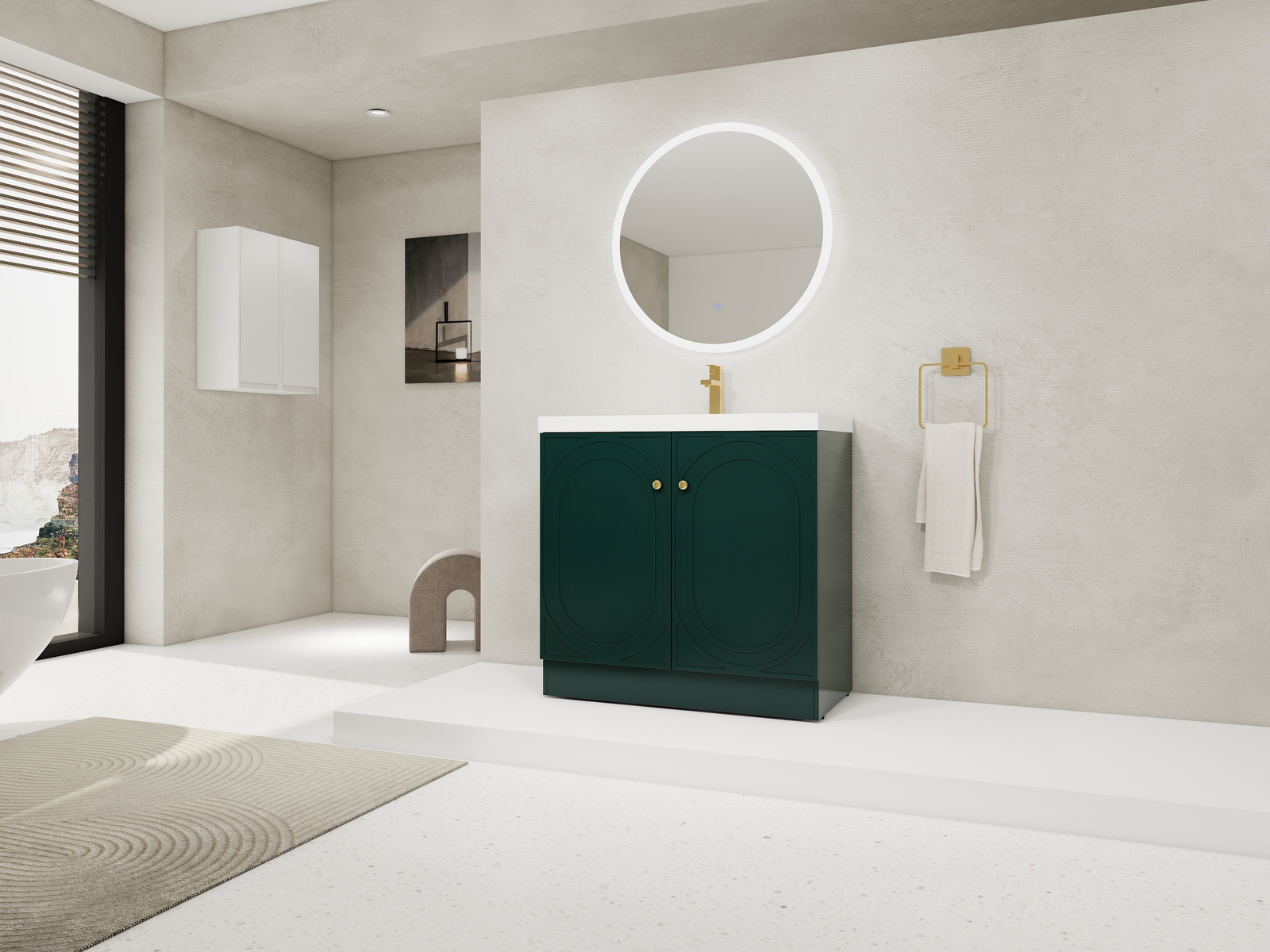 36inch Plywood Freestanding Bathroom Vanity Cabinet Dark Green Resin Sink Basin
