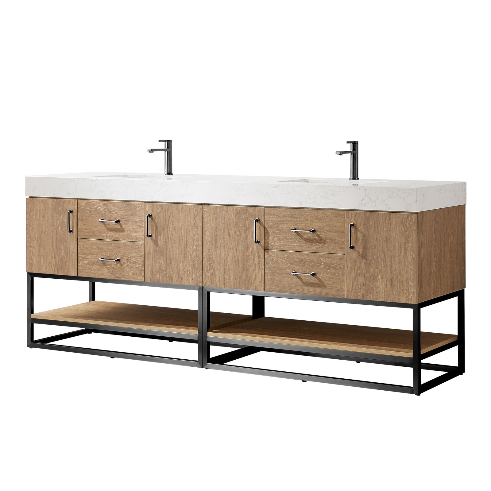 Vinnova Alistair 84″ White Stone Top Oak Double Vanity Black Frame w/o Mirror