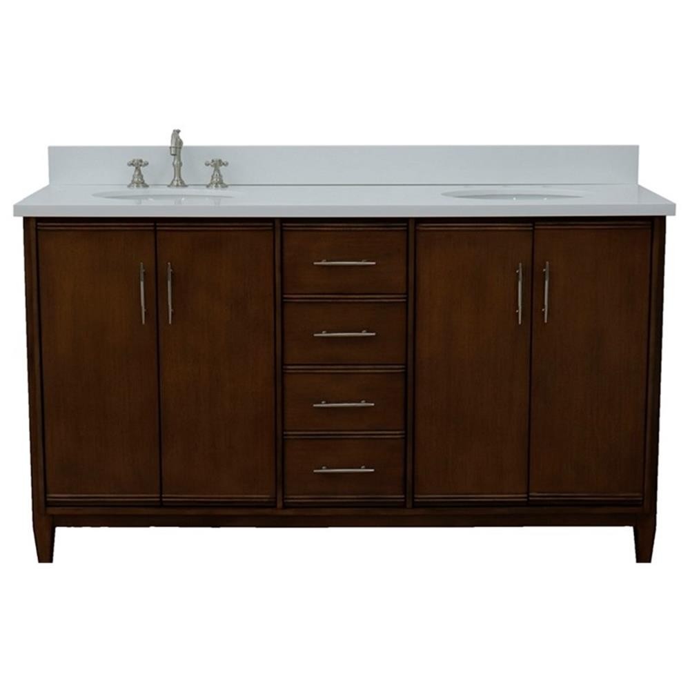 Pemberly Row 61″ Double Oval Sink Solid Wood Vanity in Walnut/White Quartz Stone