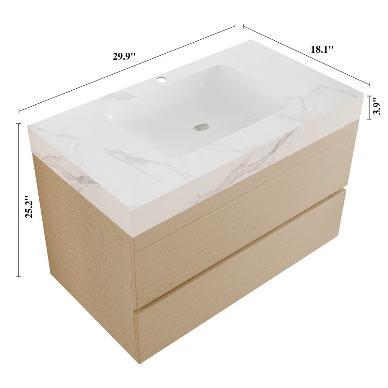 29.9″ Modern Floating Bathroom Vanity with Faux Marble Top and Ceramic Sink