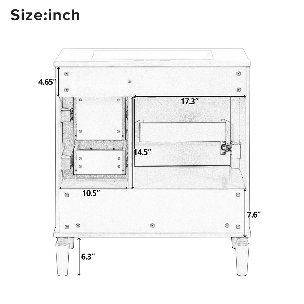 30 in Bathroom Vanity Ceramic Sink Soft Close Door 3 Drawer Gold Handle Storage