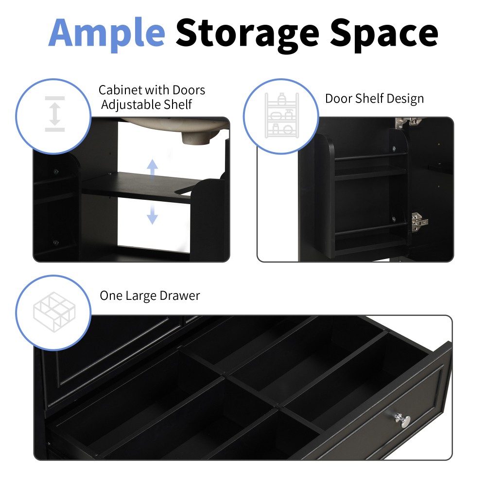 30 Inch Black Bathroom Vanity with Sink Combo Solid Wood MDF Bathroom Cabinet