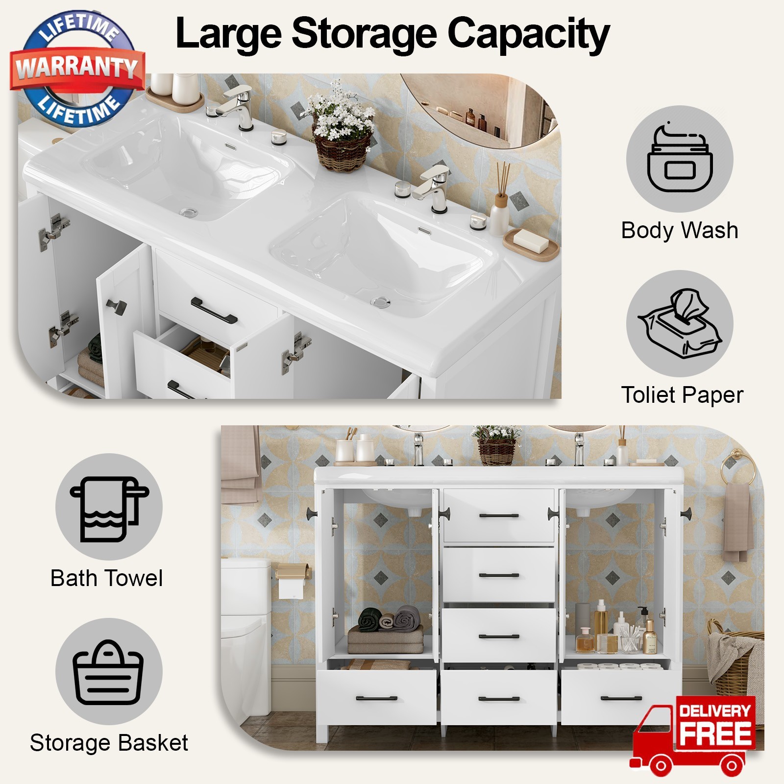 47″ Bathroom Vanity with Double Ceramic Sink and Cabinet Freestanding +Drawers