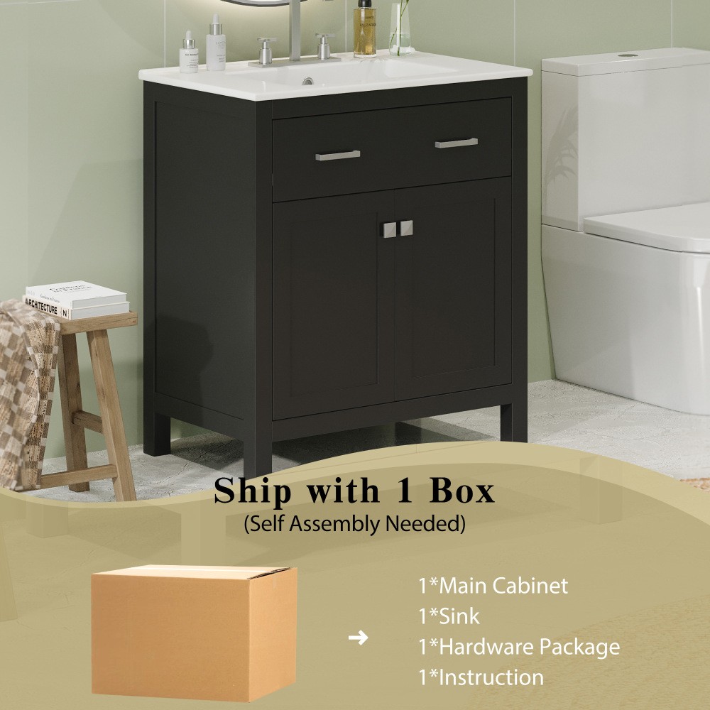 30″ MDF Bathroom Vanity Ceramic Sink Soft Close 2 Doors Adjustable Shelf Storage