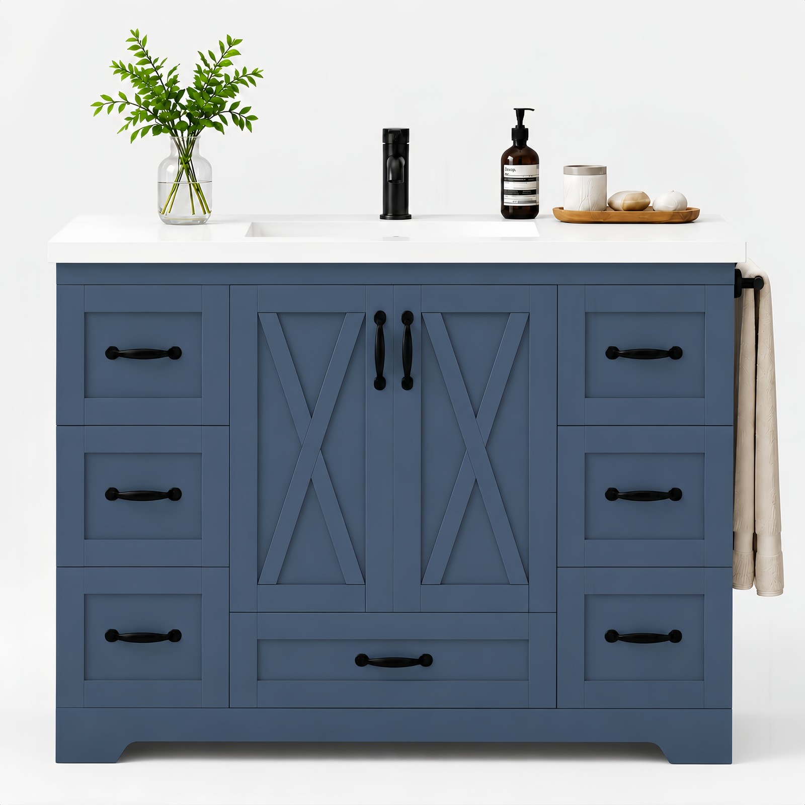48″ Bathroom Vanity with Sink Ceramic Top Navy Blue Farmhouse Cabinet