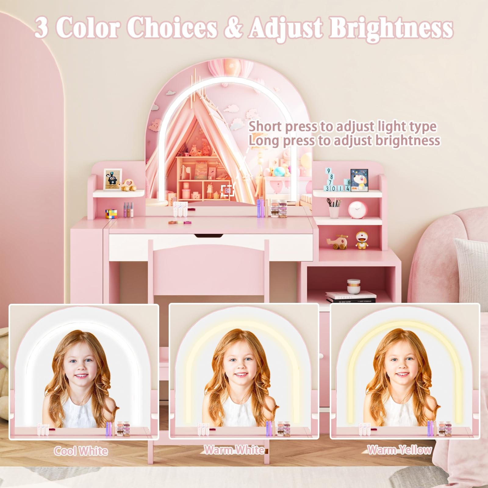 Kids Vanity Table Set Lighted Mirror Stool Jewelry Storage Makeup Pink