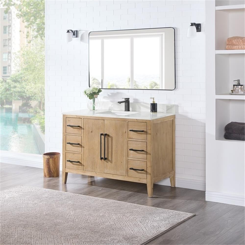 Laurel 48″ Wood Vanity in Weathered Fir Calacatta White Quartz Top with Mirror