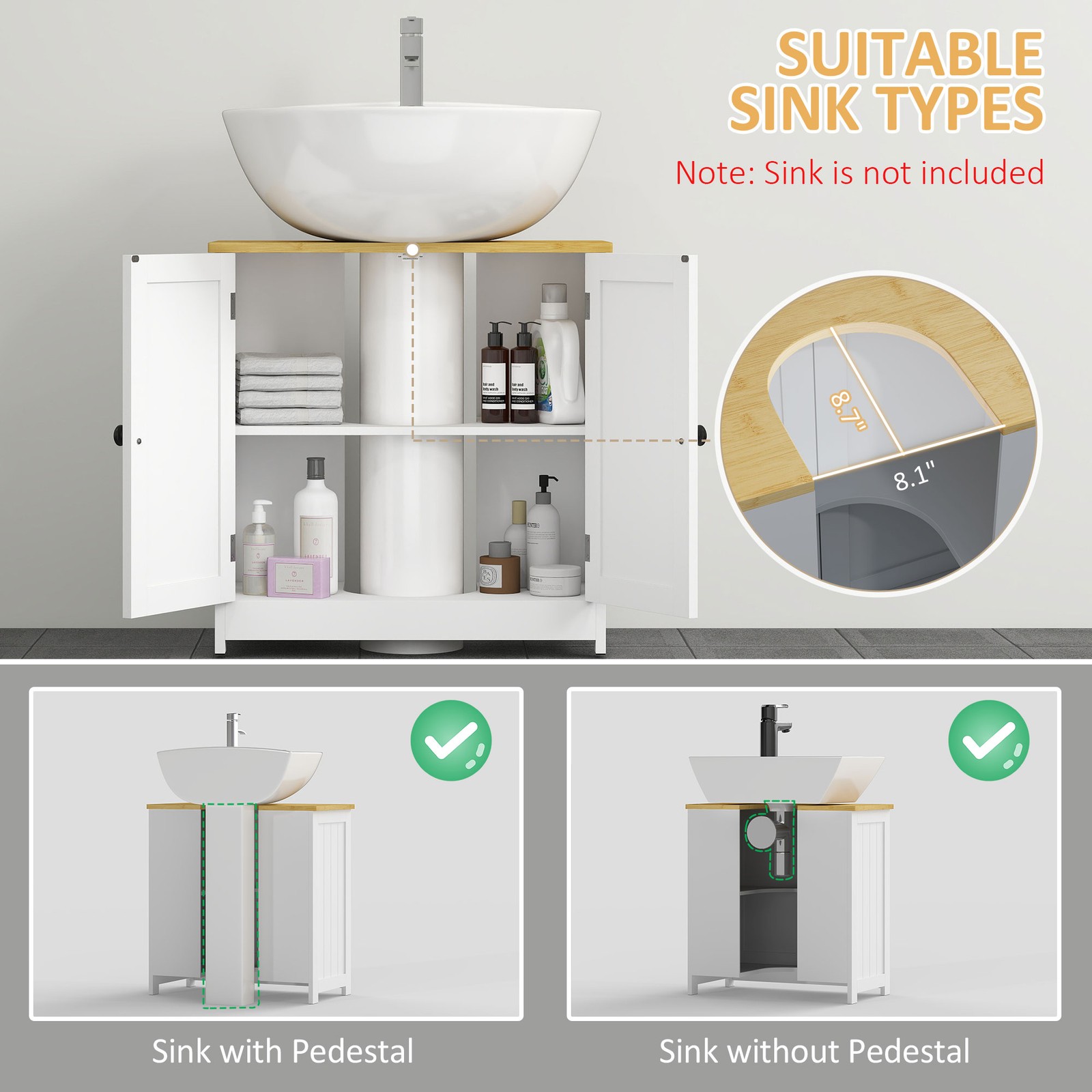 Bathroom Sink Cabinet, Pedestal Sink Cabinet with Doors, White