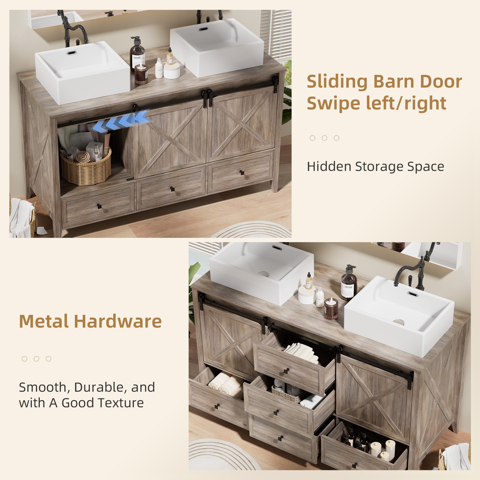 60″ Bathroom Vanity with Double Sink Combo Cabinet, Soft-Close Door & 5 Drawers