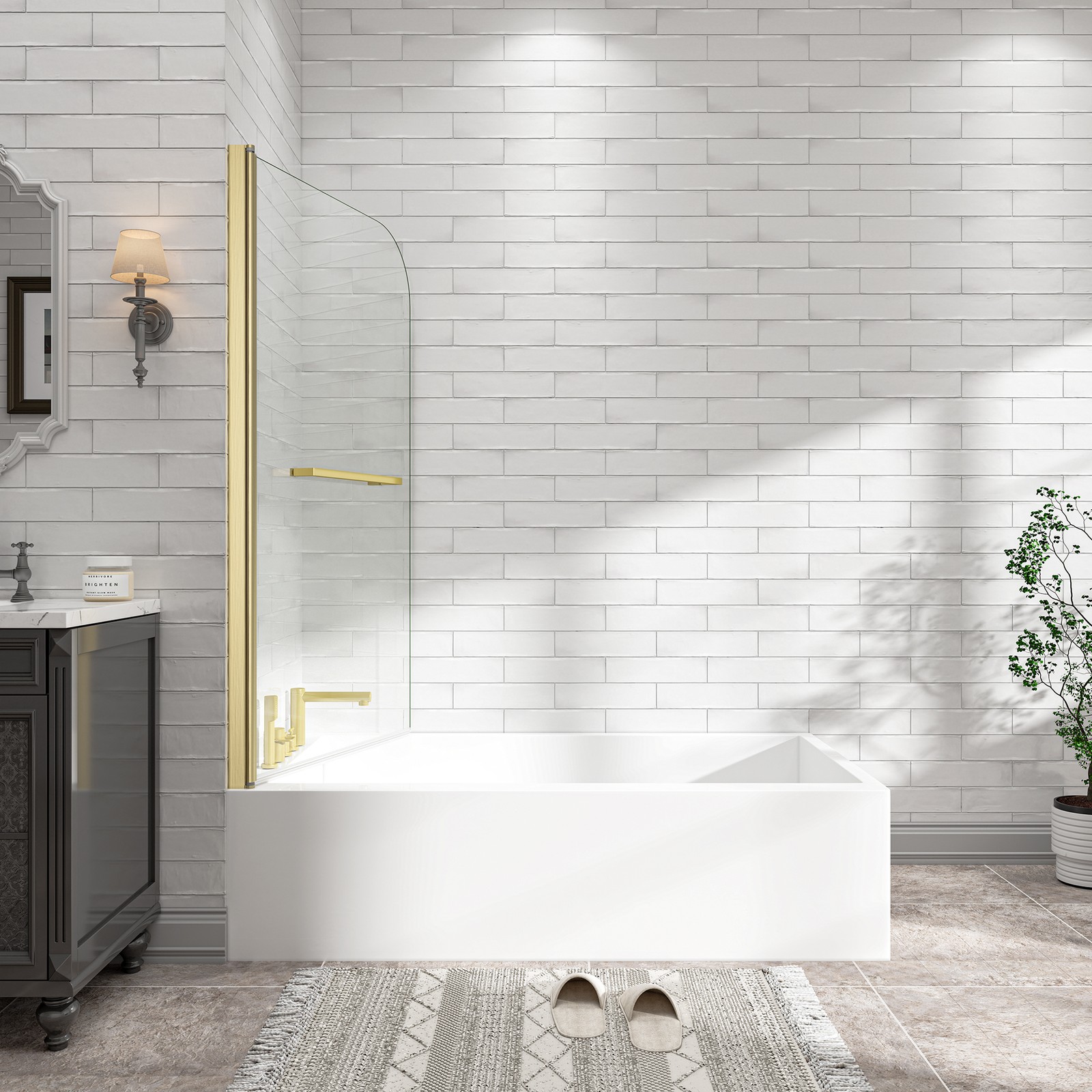 Frameless Shower Door 180 Pivot Brushed Gold Tempered Glass 31-32″ x 55″