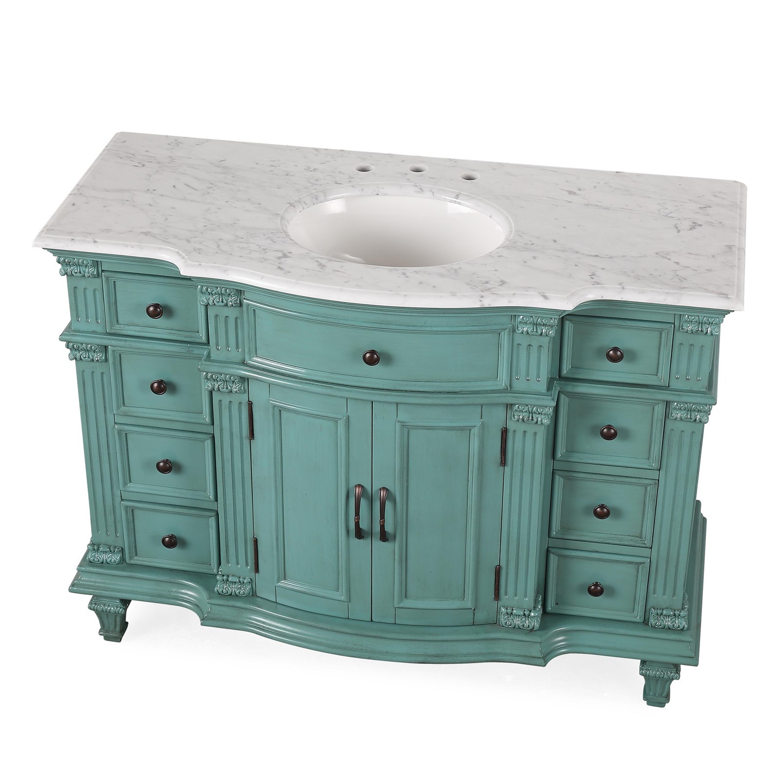48″ Single Sink Cabinet Carrara White Marble Countertop Green Bathroom Vanity